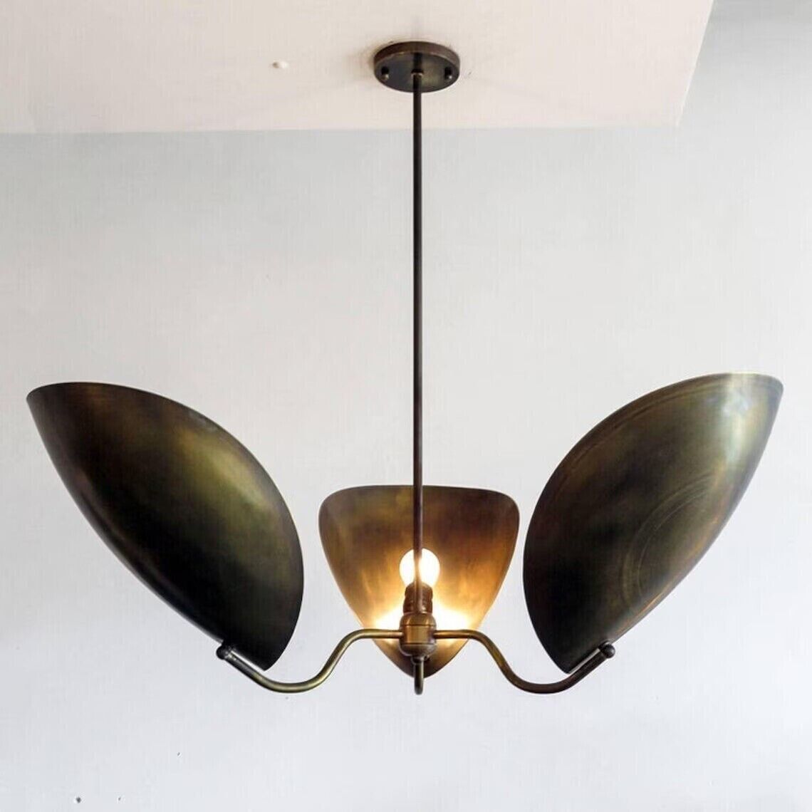 3-Light Mid Century Modern Chandelier with Curved Shades - Handmade Vintage Raw Brass