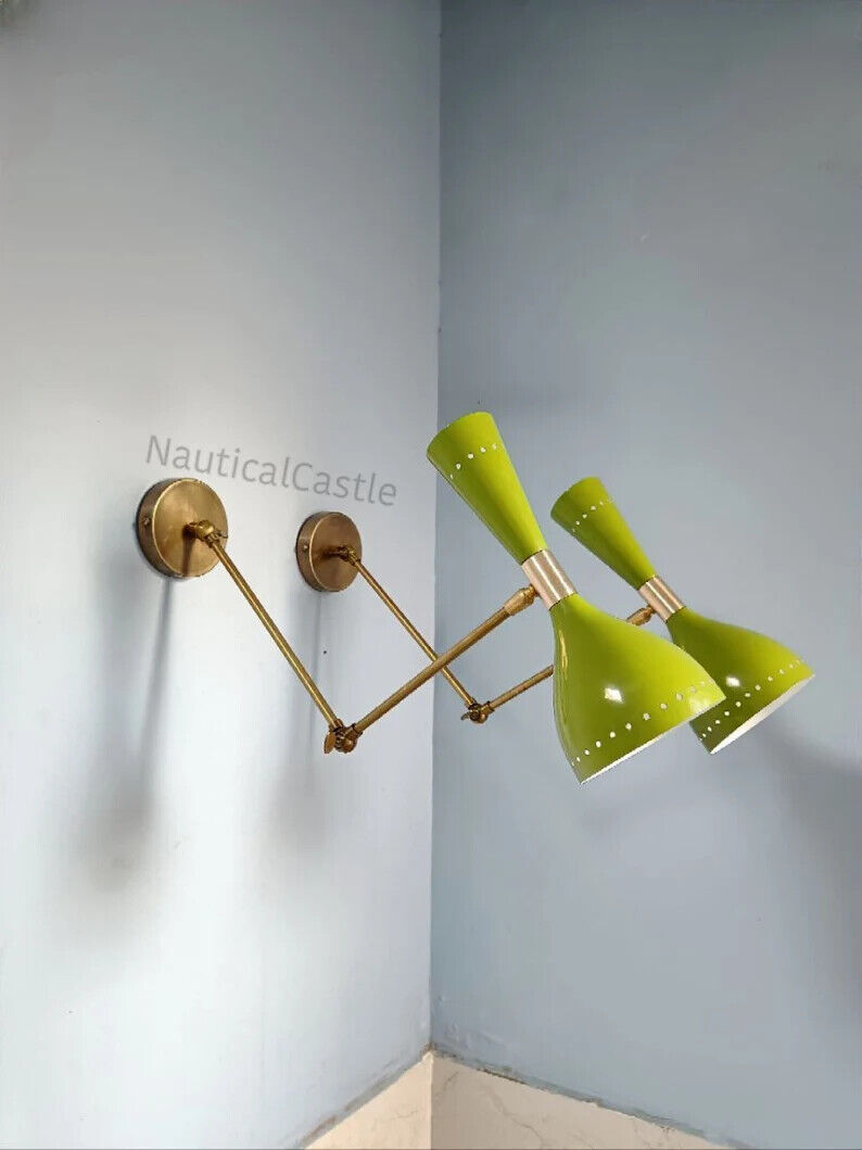 Vintage Italian Diabolo Wall Sconce | 1950s Mid Century Charm in Olive Green with Raw Brass Finish