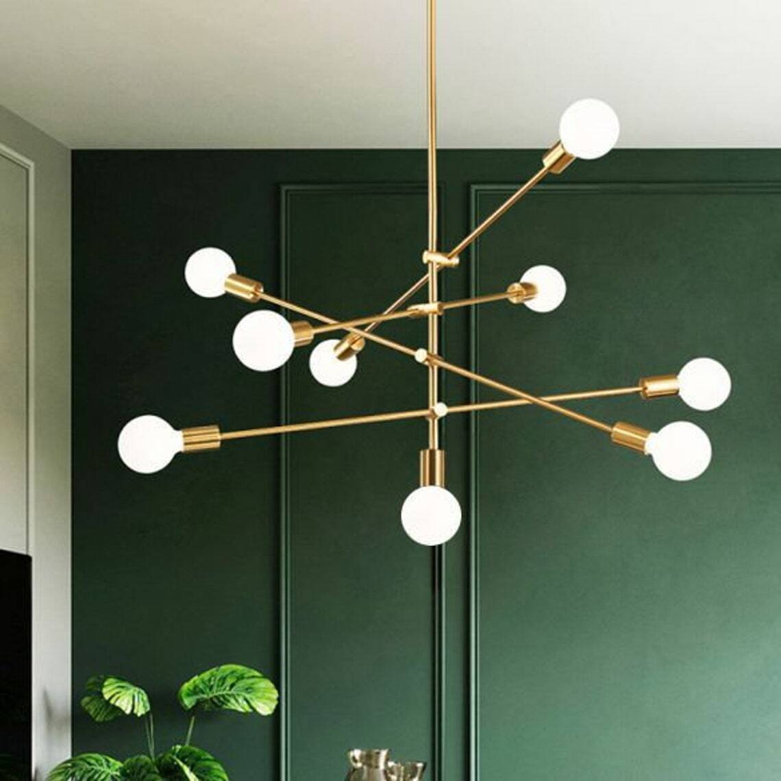 Mid Century Chandelier 8+1 Lights Ceiling Lamp in Polished Brass Modern Fixture