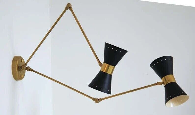 Double Articulated Brass Wall Sconce - Mid Century Brass Black Shade in Raw Brass