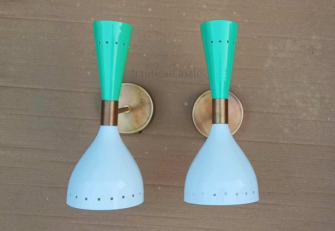 Mid Century White & Mint Green Italian Diabolo Wall Sconce with Raw Brass Finish