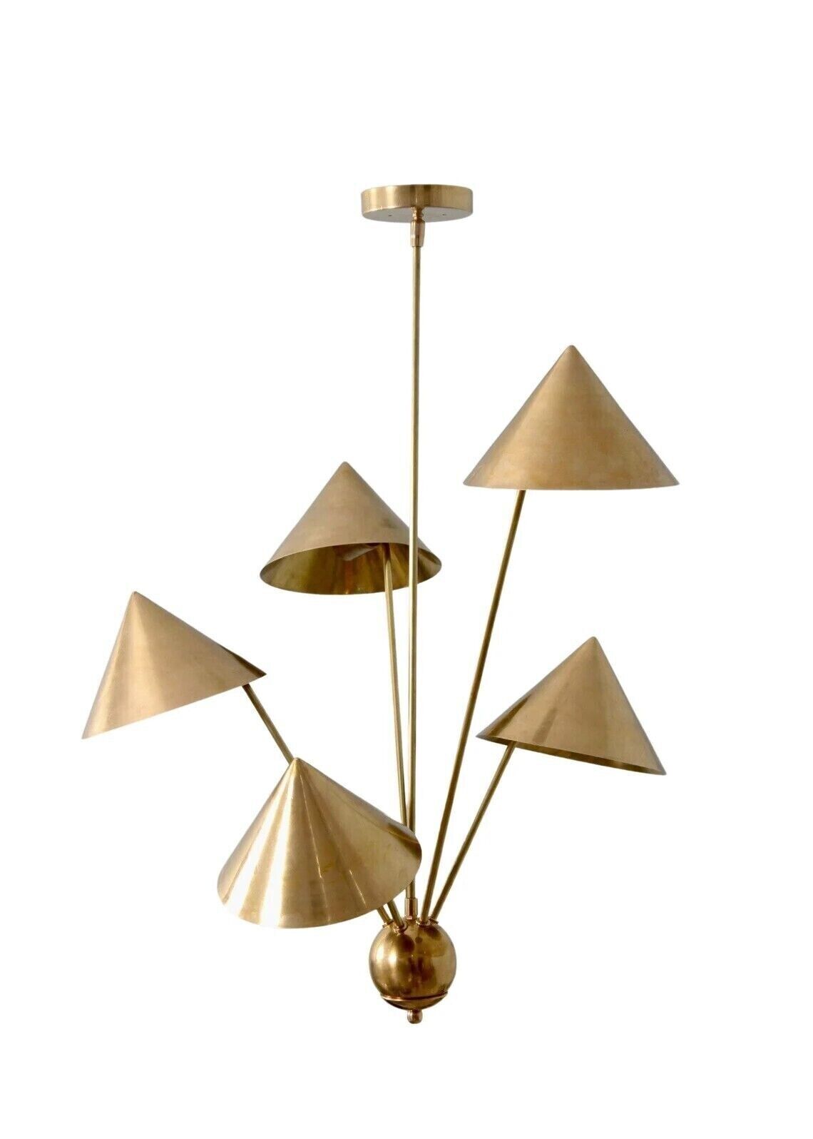 Mordern 5 Arm Light Art Deco Raw Brass Chandelier Ceiling Fixture Cone Handmade