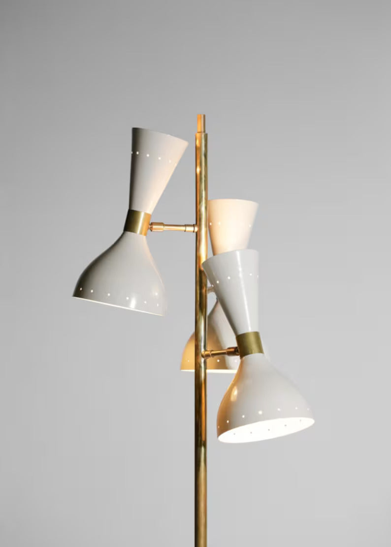 Mid-Century Italian Style Brass Floor Lamp with Base and Cone-Shaped Shades - MCM Handmade by Skilled Craftsmen