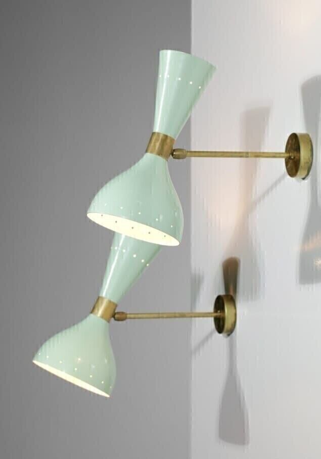 1950's Mid Century Brass Italian Diabolo Wall Sconce Light Fixture - 2 Bulb Pair