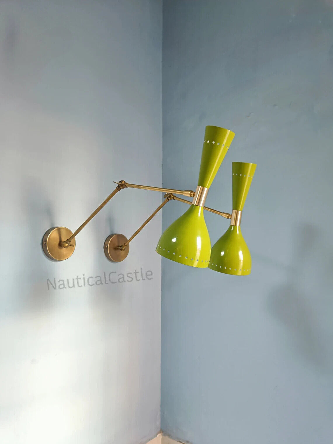 Vintage Italian Diabolo Wall Sconce | 1950s Mid Century Charm in Olive Green with Raw Brass Finish