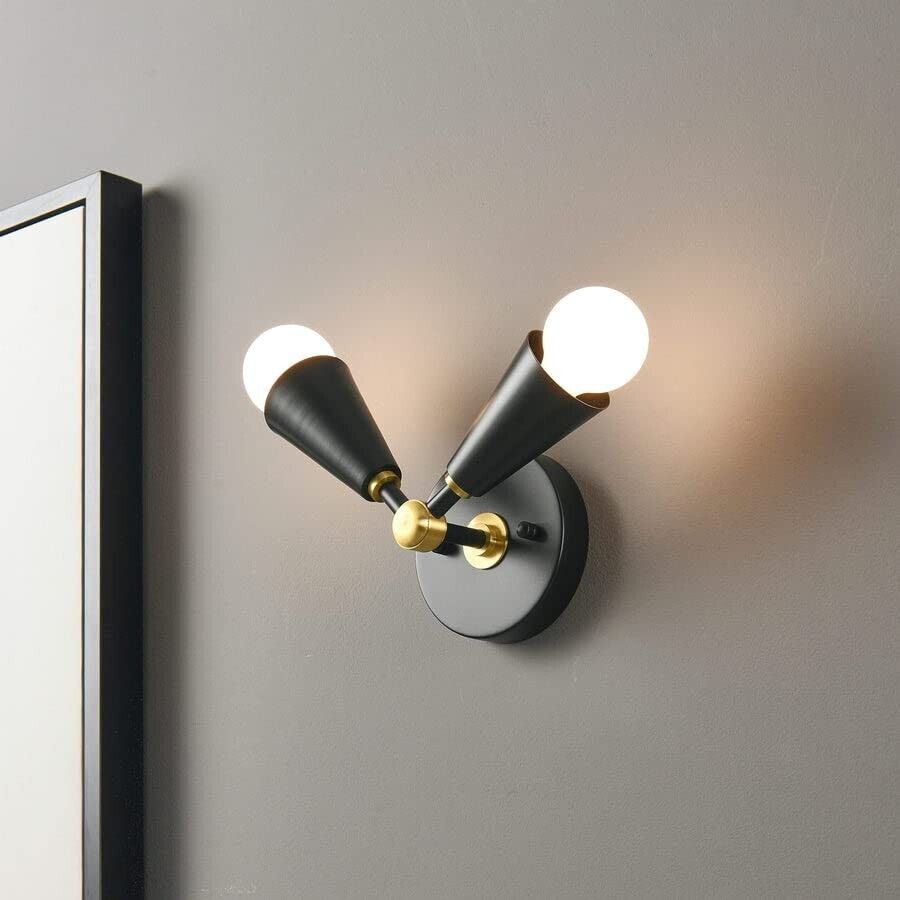 Black/Brass 2-Light Wall Sconce - Mid Century Modern Bathroom Lamp