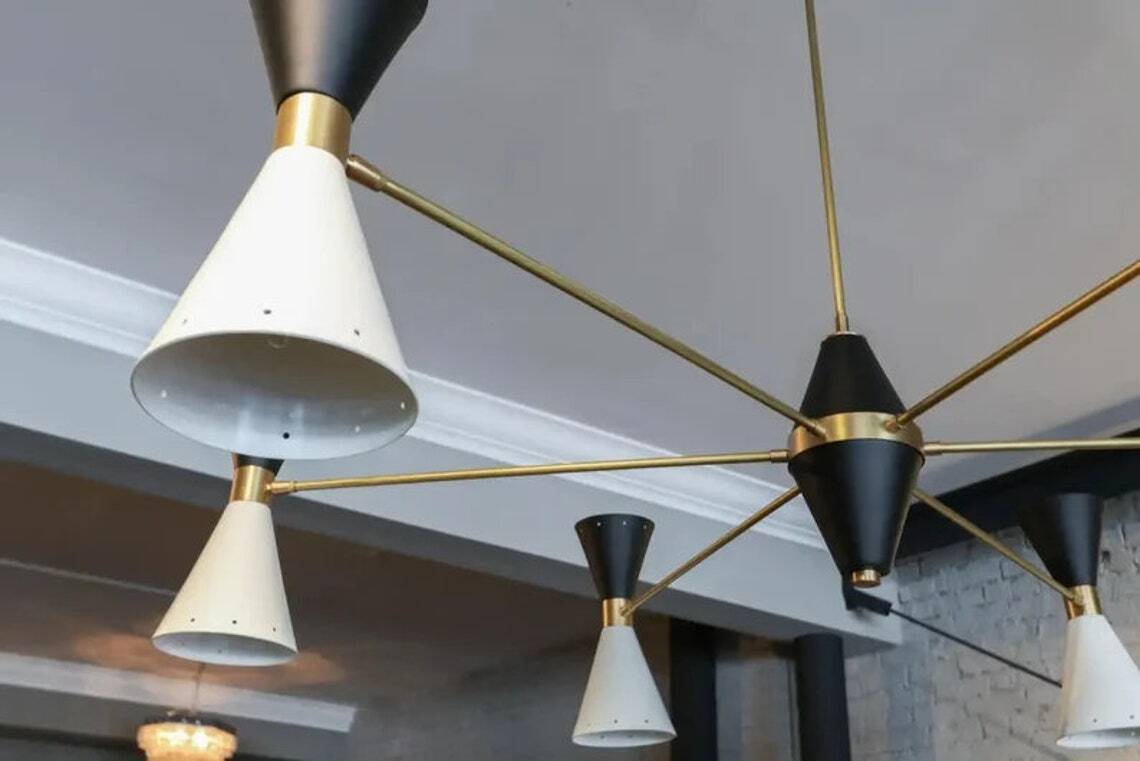 6 Arm Stilnovo Italian Style in Raw Brass Sputnik Chandelier Light Mid Century