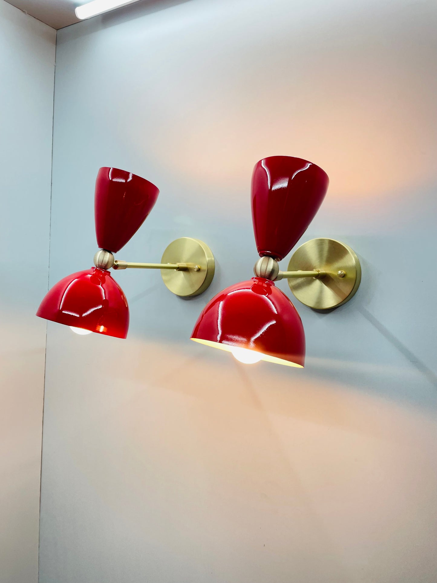 Pair of Brass Wall Sconce Lights - Vibrant Red Color