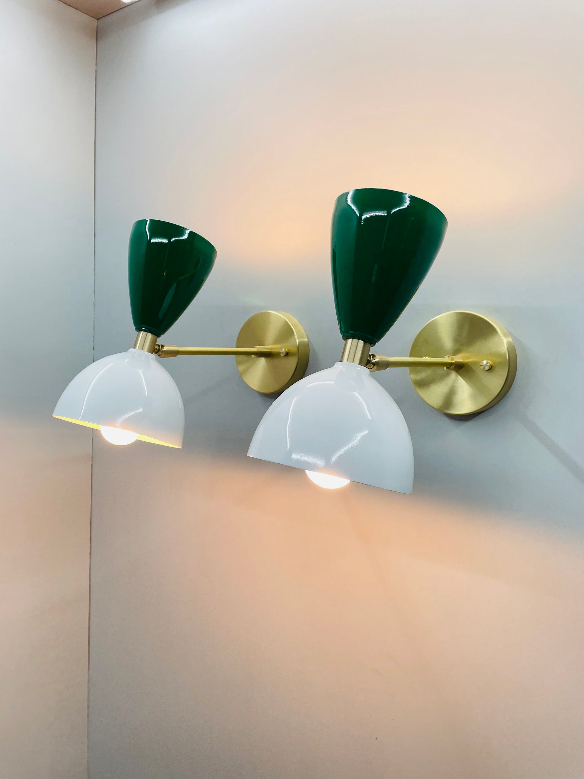 Italian Modern Stilnovo Style Wall Sconce Set - Brass Green and White Wall Light Lamps